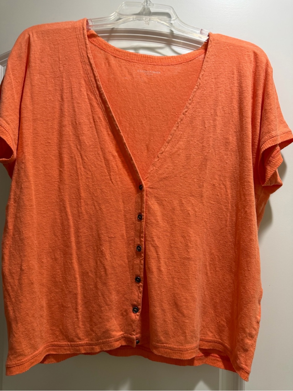 Eileen Fisher Coral-Orange V-Neck Button Front Short Sleeve Top